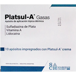 PLATSUL-A GASAS. APOSITO DE APLICACION TOPICA DERMICA. CON SULFADIAZINA DE PLATA, VITAMINA A Y LIDOCAINA. PAQUETE 10 APOSITOS.